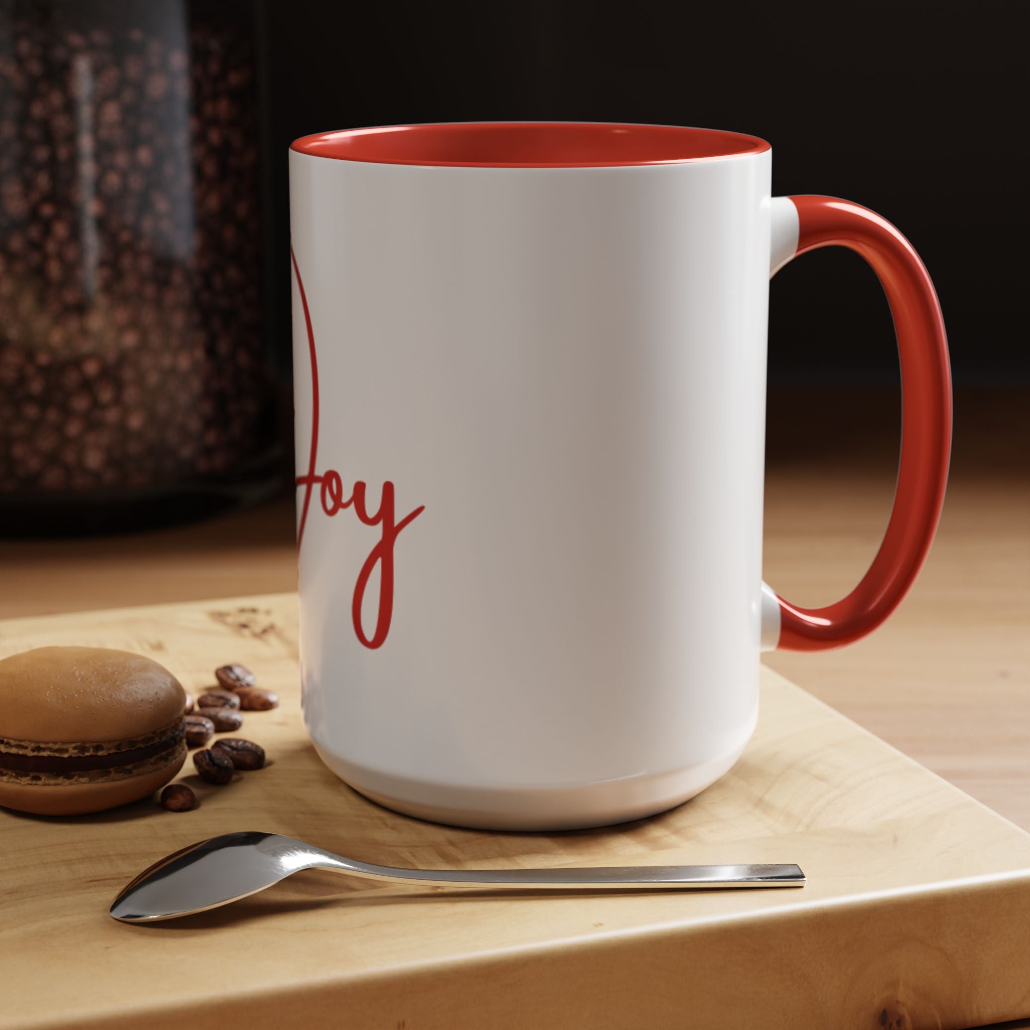 Joy Script Accent Coffee Mug – Festive Red Typography 11/15oz