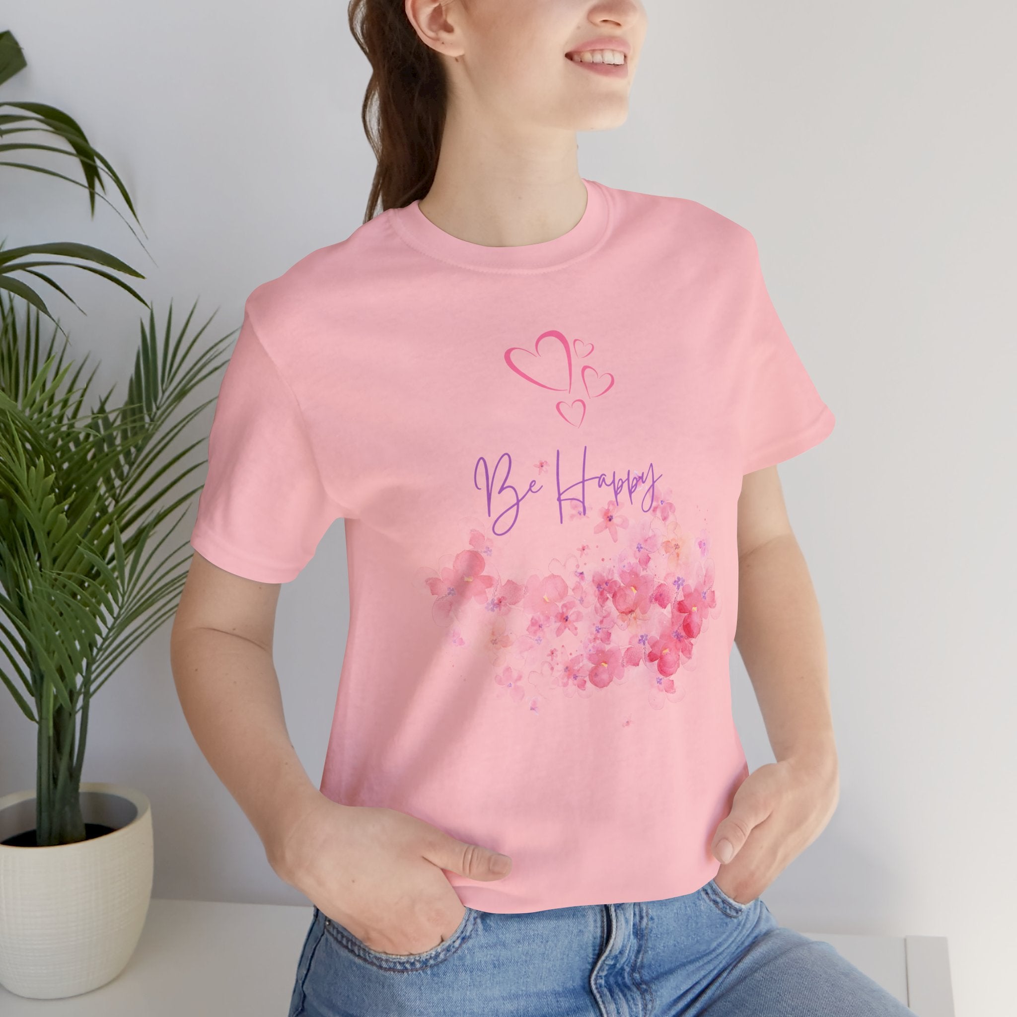 Be Happy Floral Tee - Pink Watercolor Heart & Script
