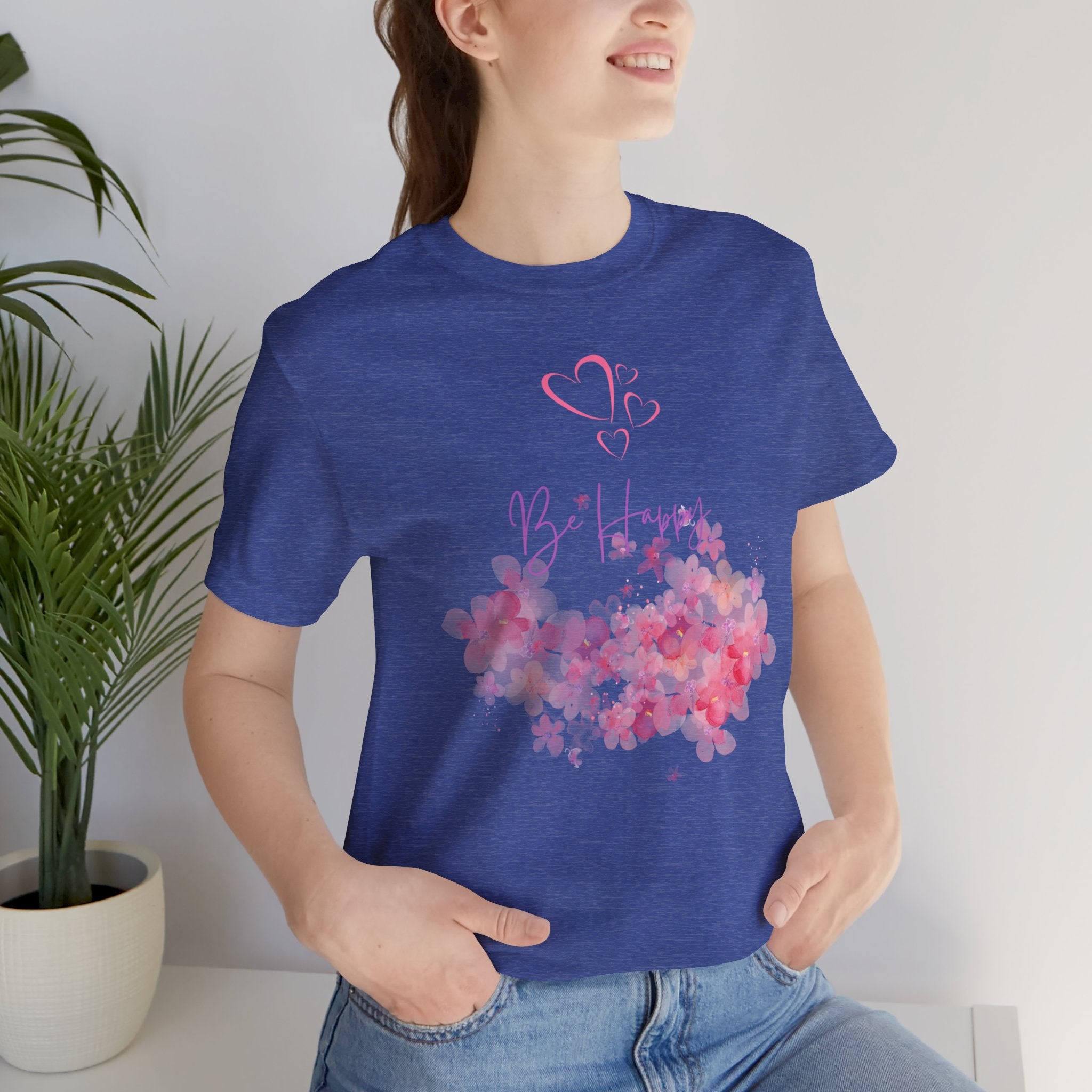 Be Happy Floral Tee - Pink Watercolor Heart & Script