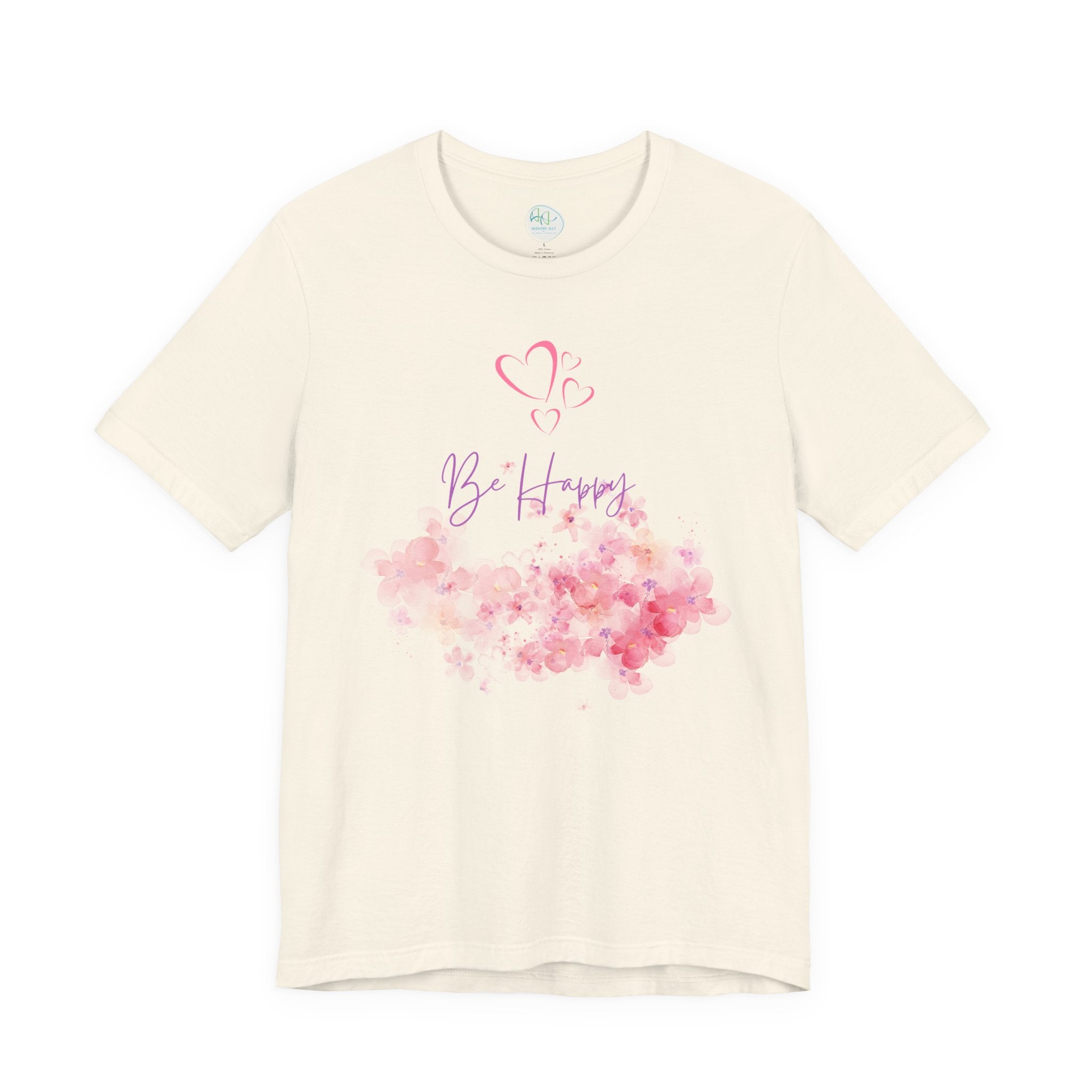 Be Happy Floral Tee - Pink Watercolor Heart & Script