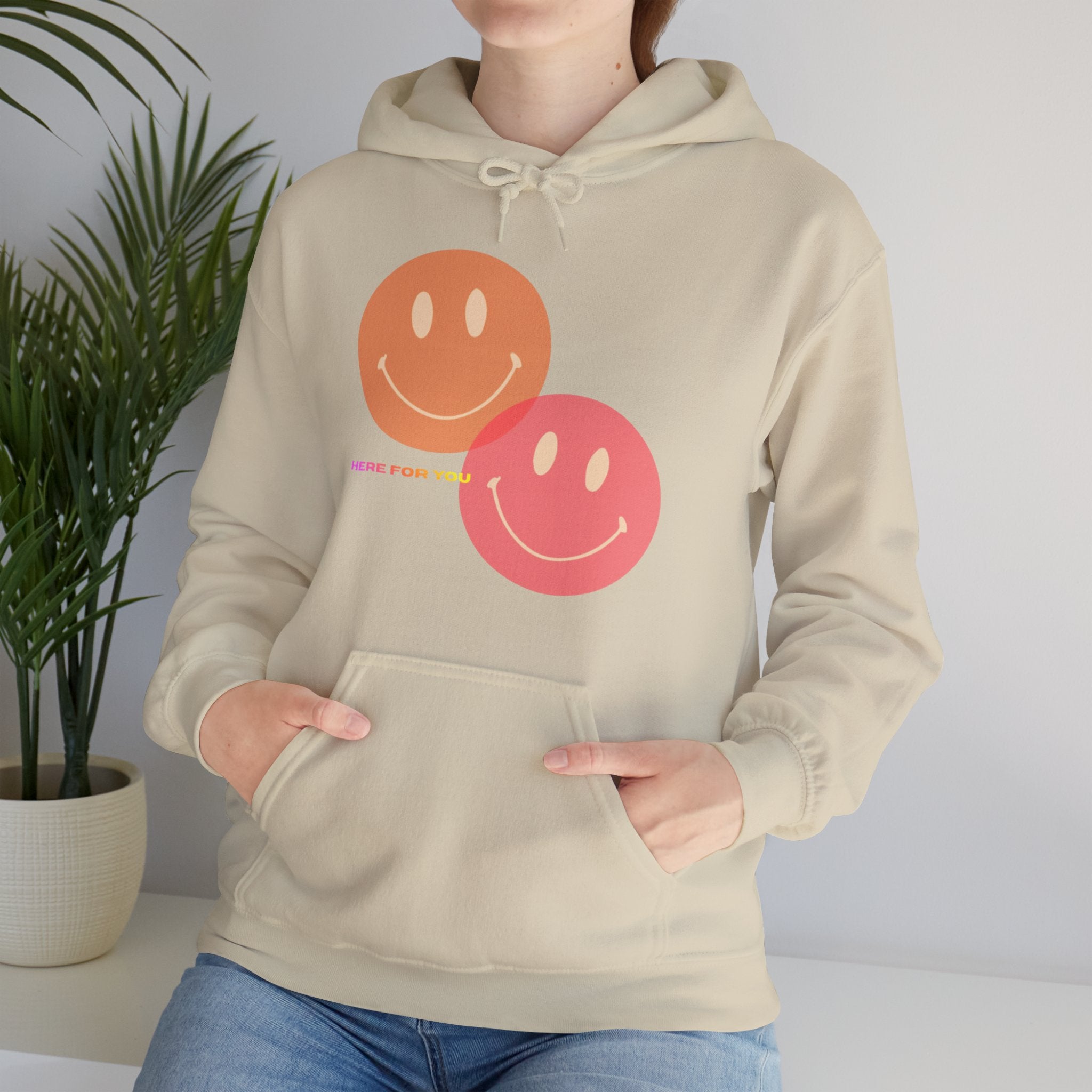 Smiley Duo Hoodie — Pastel Pink & Peach Smiles Graphic Sweatshirt