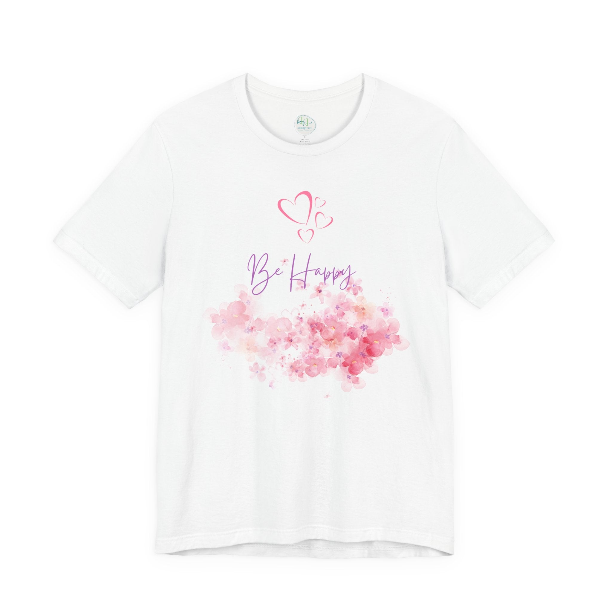 Be Happy Floral Tee - Pink Watercolor Heart & Script