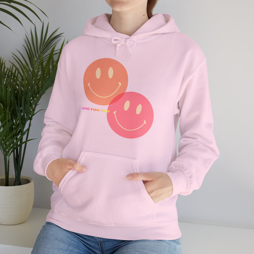 Smiley Duo Hoodie — Pastel Pink & Peach Smiles Graphic Sweatshirt