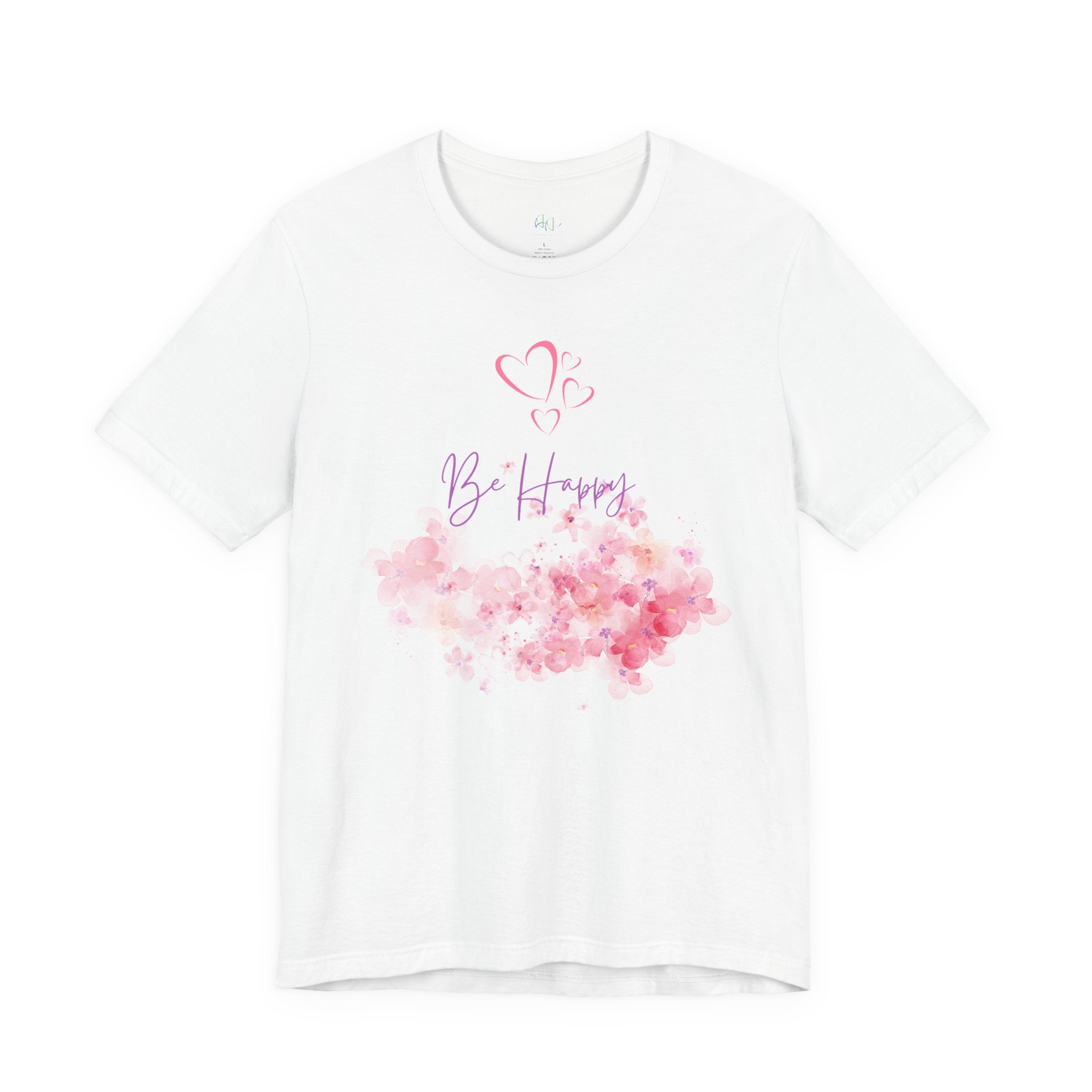 Be Happy Floral Tee - Pink Watercolor Heart & Script