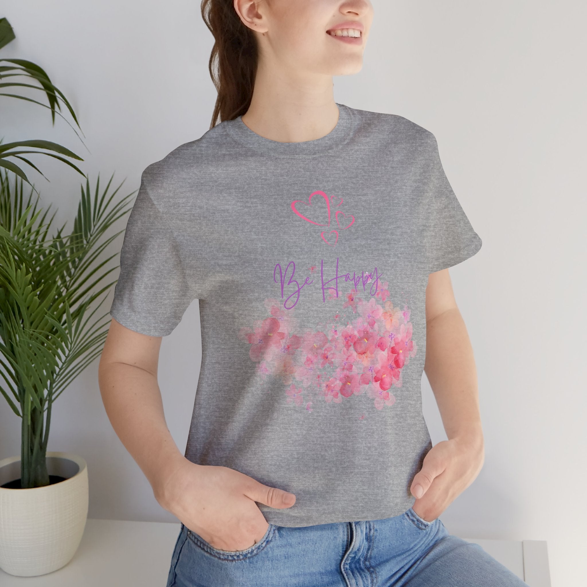 Be Happy Floral Tee - Pink Watercolor Heart & Script