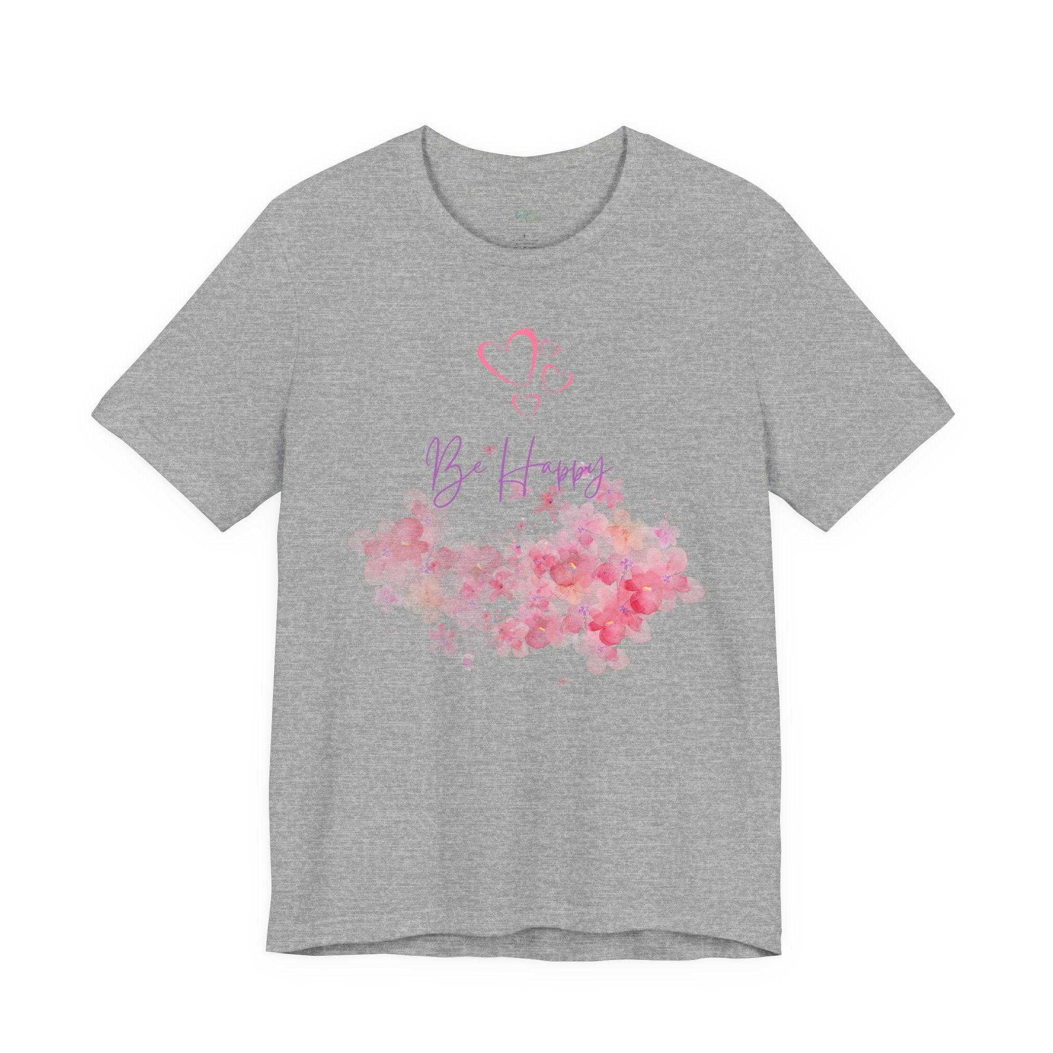 Be Happy Floral Tee - Pink Watercolor Heart & Script