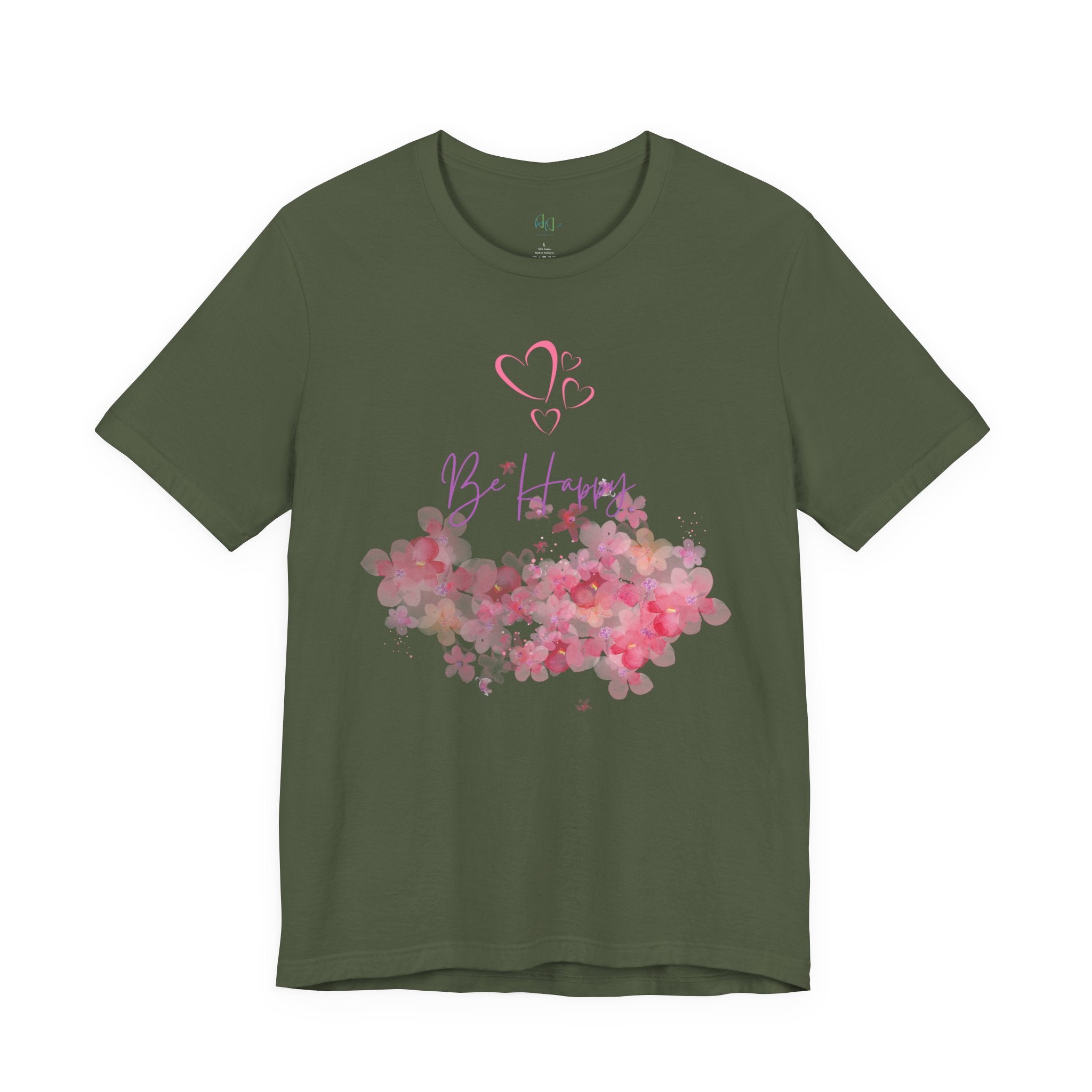 Be Happy Floral Tee - Pink Watercolor Heart & Script