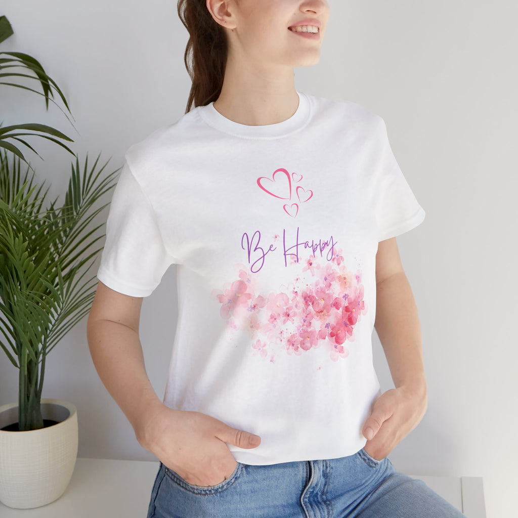 Be Happy Floral Tee - Pink Watercolor Heart & Script