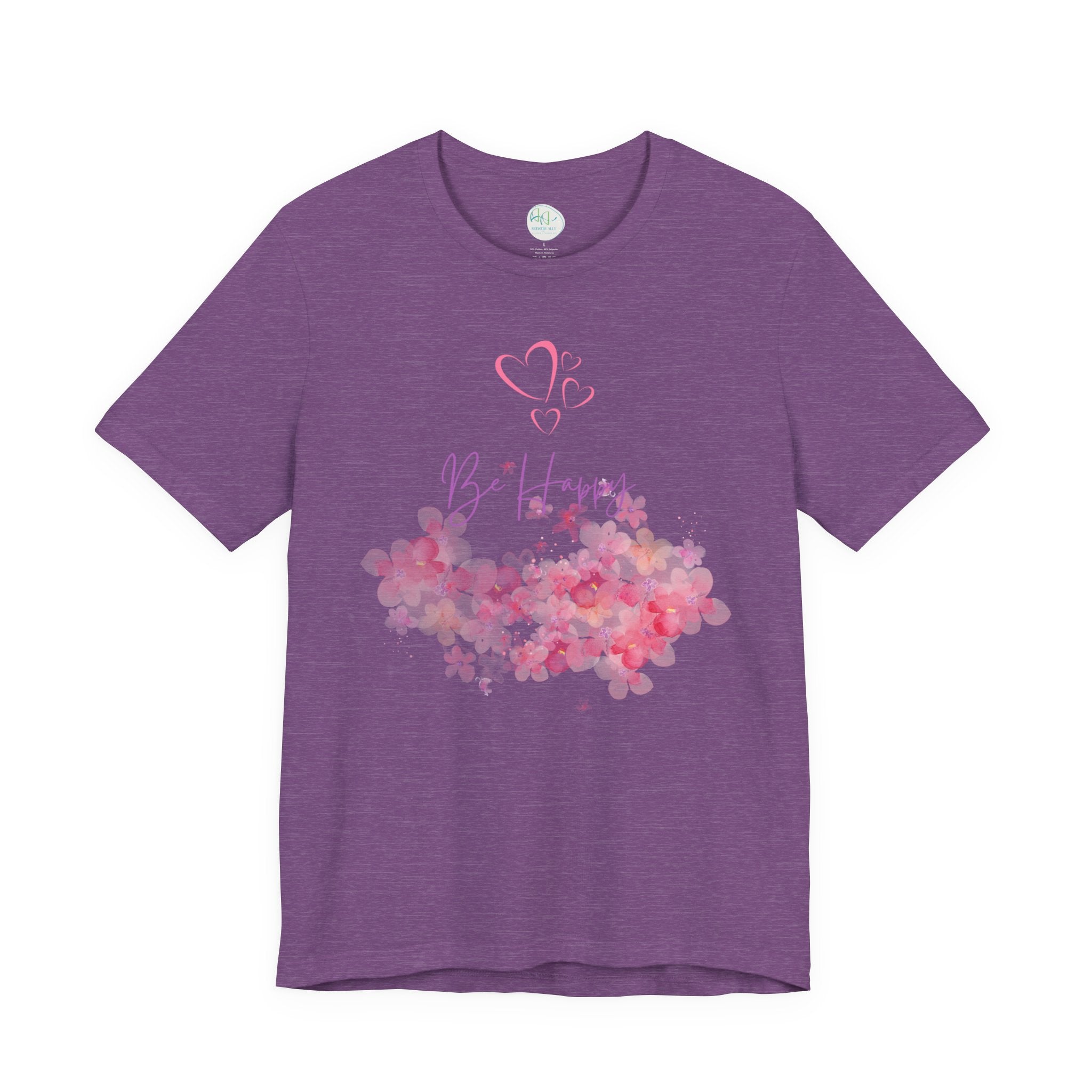 Be Happy Floral Tee - Pink Watercolor Heart & Script