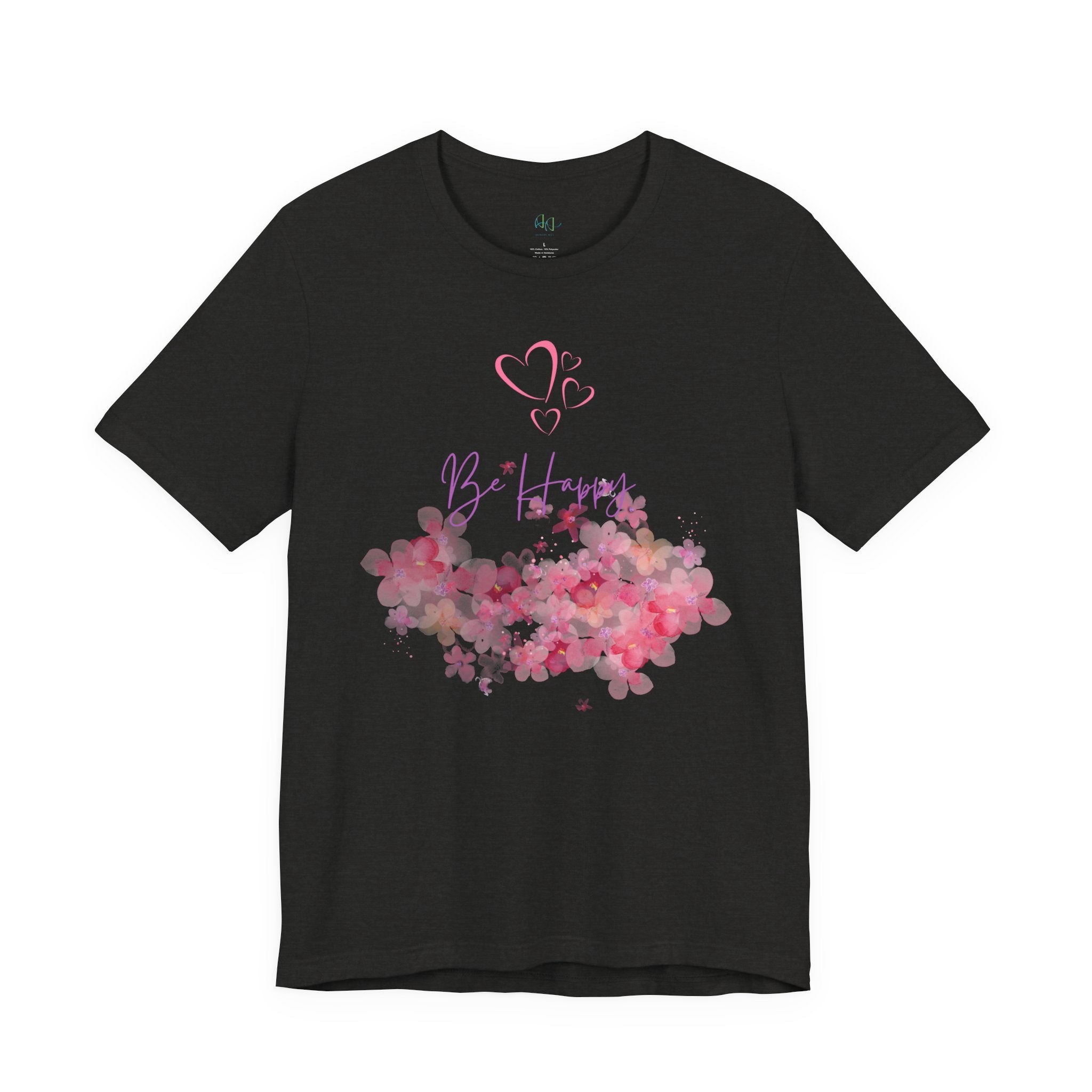 Be Happy Floral Tee - Pink Watercolor Heart & Script