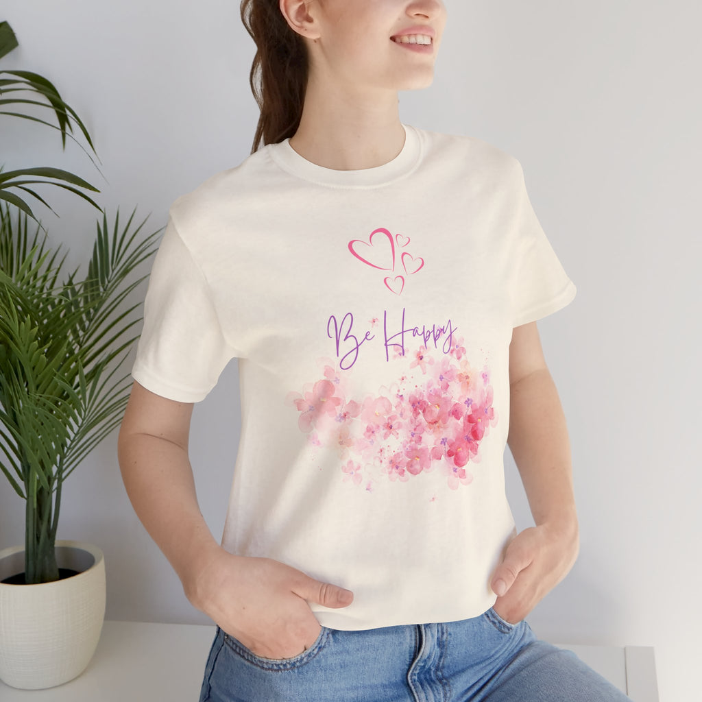 Be Happy Floral Tee - Pink Watercolor Heart & Script