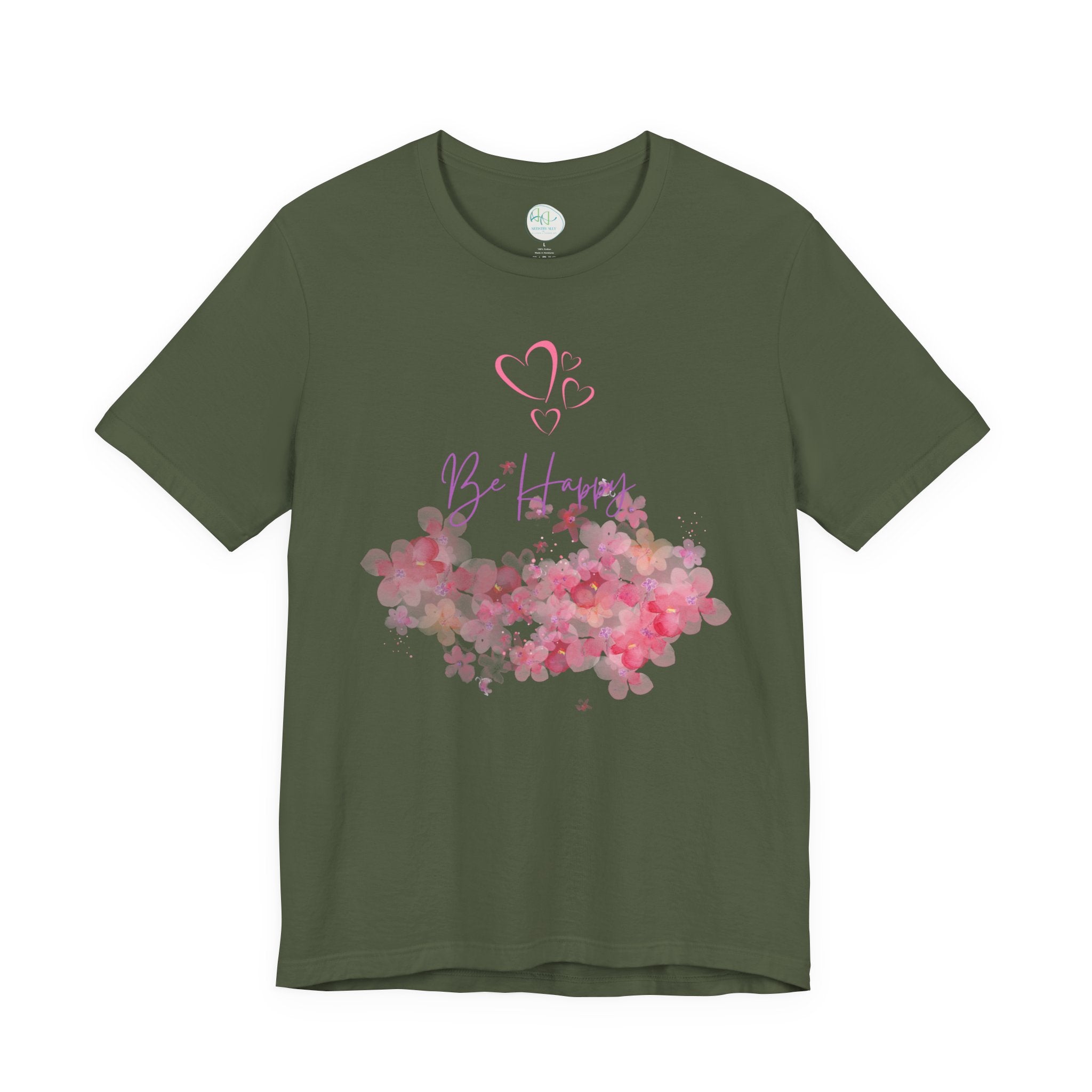 Be Happy Floral Tee - Pink Watercolor Heart & Script
