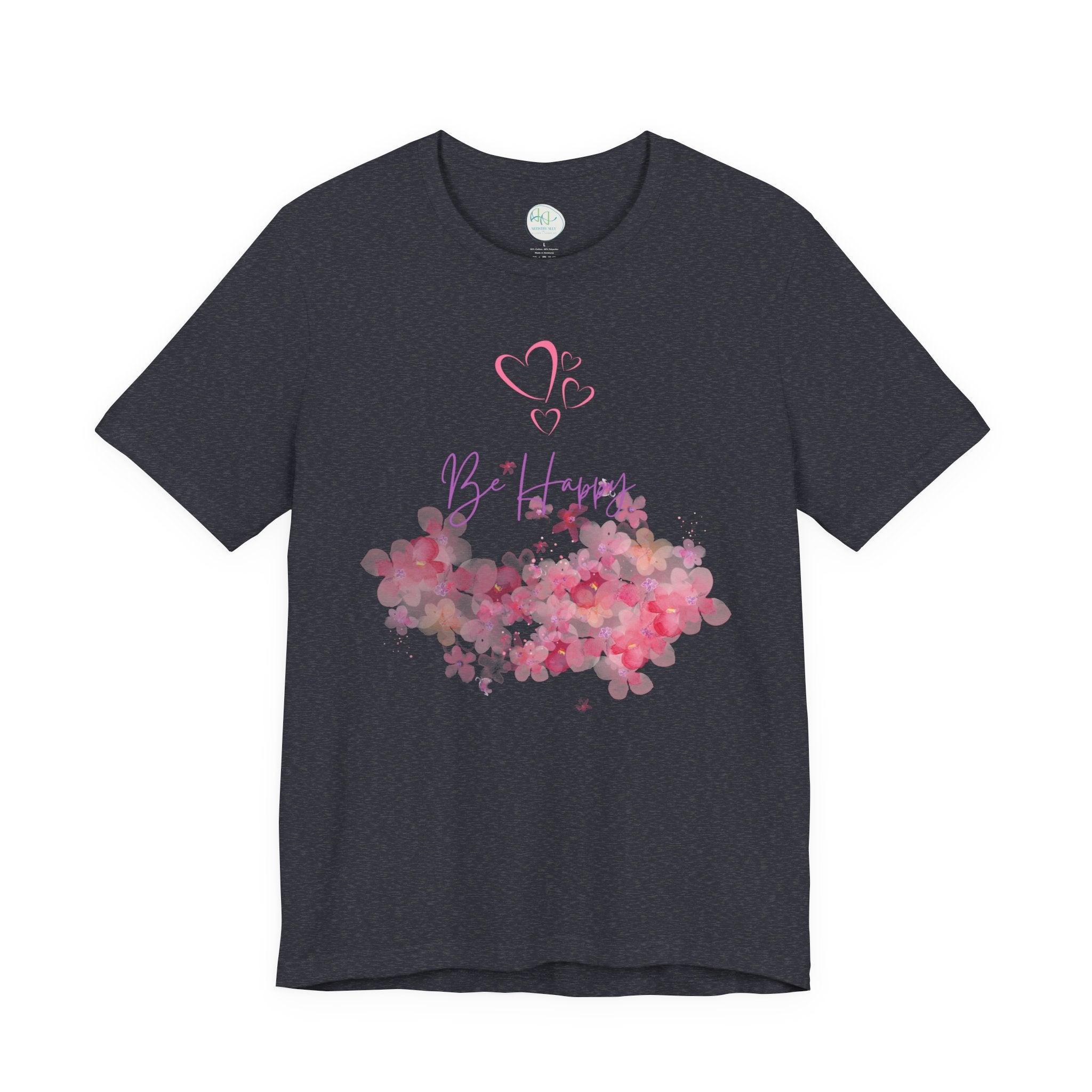 Be Happy Floral Tee - Pink Watercolor Heart & Script